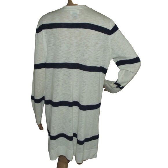 Old Navy Cardigan Sweater Womens Size Large Cream Navy Blue Striped pockets Midi - Picture 3 of 12